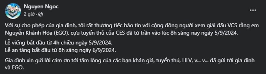 Hé lộ lý do khiến cựu vương VCS - Ego bất ngờ qua đời